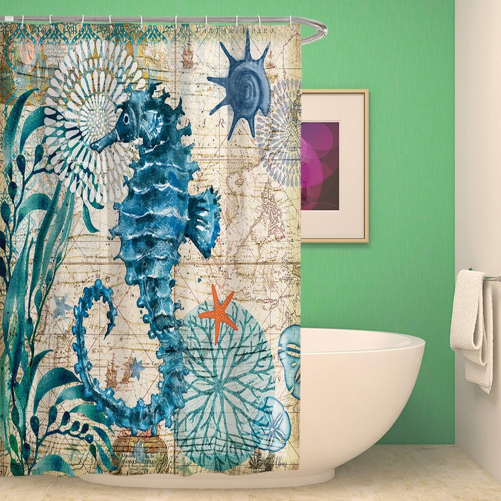 Bensonal Shower Curtain Bathroom Waterproof Hippocampus with 12 Hooks Mildew Resistant