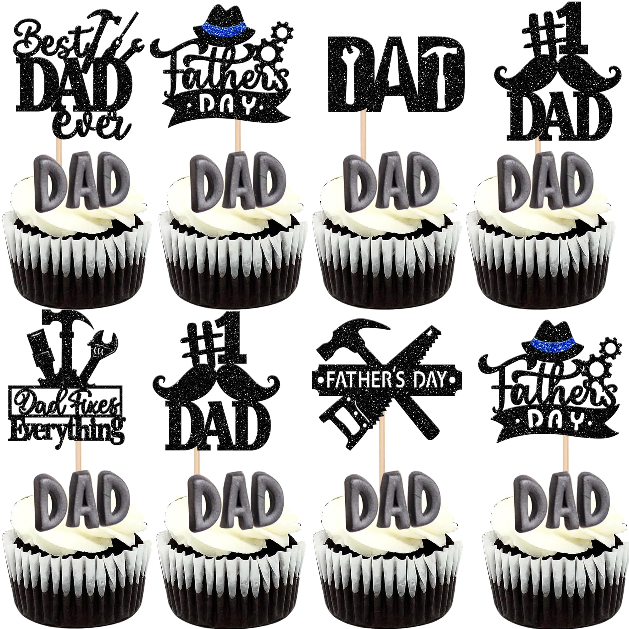 SYKYCTCY 24 Pack Happy Father's Day Cupcake Toppers Glitter Best Dad Ever Cupcake Picks Love Father #1 Dad Tie Moustache Hat Tool Cake Decorations for Happy Father's day Theme Men Birthday Party Black