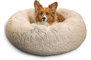 Best Friends by Sheri Original Calming Donut Dog and Cat Bed, Shag Faux Fur, Taupe, (30in x 30in) - Anxiety Relief for Pets Up to 45 lbs
