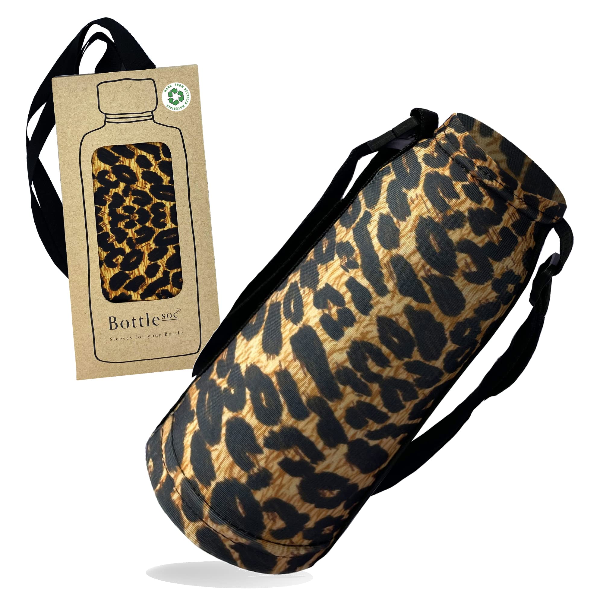 Bottlesoc Water Bottle Carrier with Shoulder Strap | Faux Leopard Print Design - Washable Cover for Walking & Travel | Eco Friendly Sleeve with Adjustable Strap | Reusable Water Bottle Holder