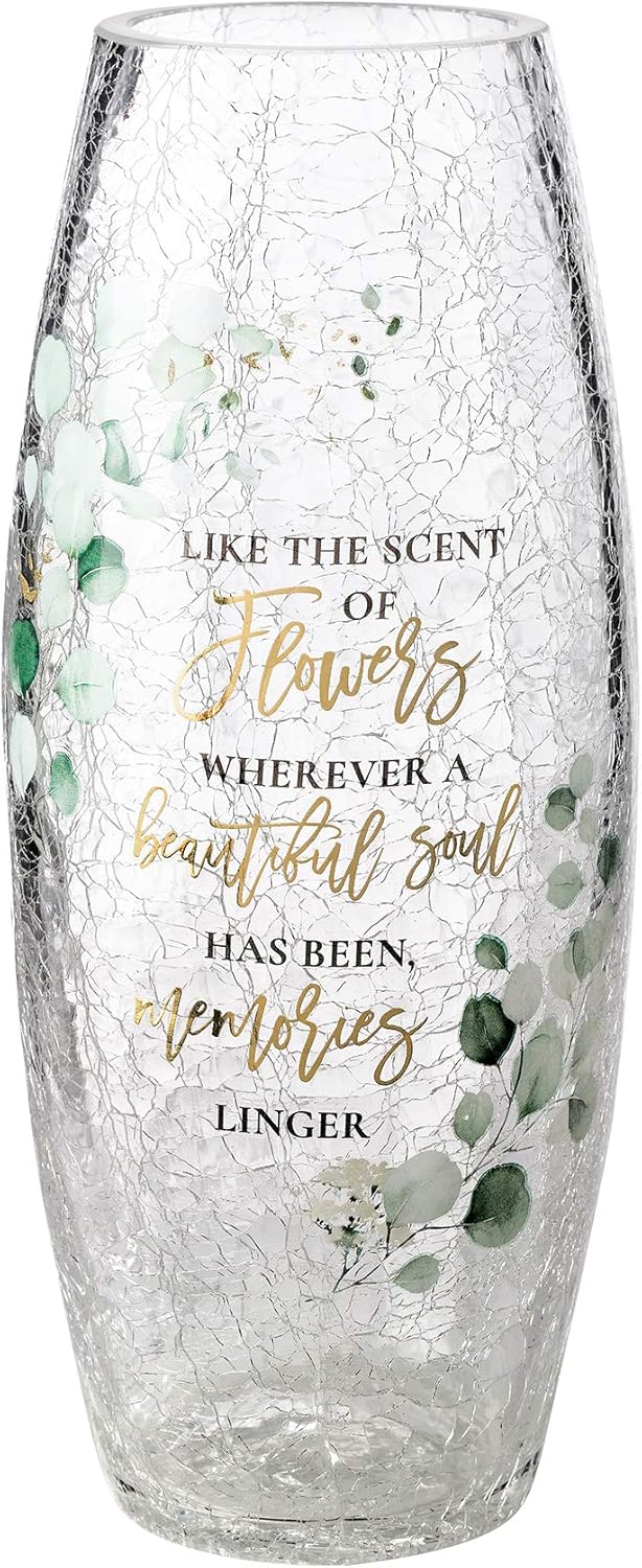 Lillian Rose Crackle Glass Memorial Flower Vase with Sympathy Verse, 9.75", Multi