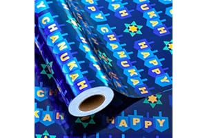 MAYPLUSS Reversible Wrapping Paper - Mini Roll - 17in * 32.8 Feet- Happy Hanukkah Lettering with Glitter Metallic Foil (47.3 sq.ft.ttl) for Chanukkah,Christmas