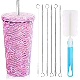 Mimorou Studded Bling Diamond Tumbler Glitter Water Bottle with Lid Stainless Steel Vacuum Thermal Straw Rhinestone Tumbler with 1 Pcs Cup Brush 6 Pcs Straw Brushes for Women(16.9 oz,AB Pink)
