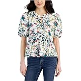 Nautica Jeans Women's Floral-Print Cotton Peplum Top (Bright White Multi, Small)