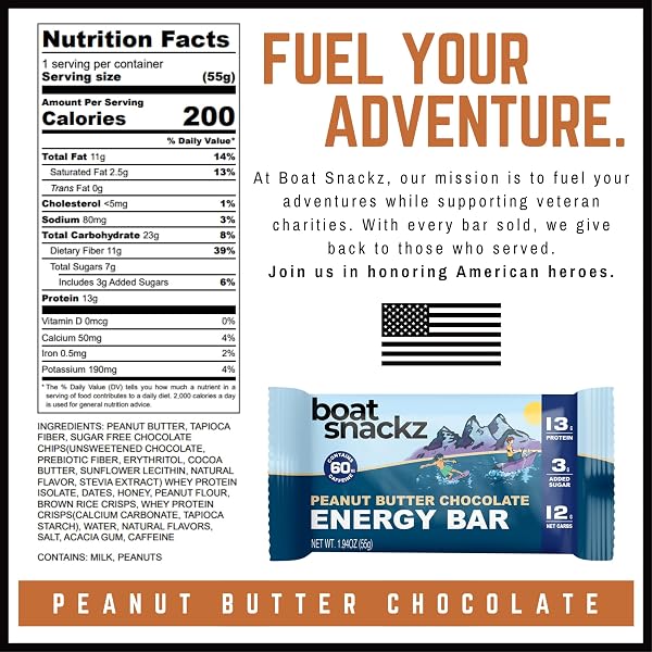 BOAT SNACKZ – PEANUT BUTTER CHOCOLATE, ENERGY BARS (12 PACK) 13G PROTEIN, 3G ADDED SUGAR, 12G NET CARBS, 60MG CAFFEINE, NO SEED OILS (55G BARS) MADE IN USA – SUPPORTS VETERAN CHARITIES
