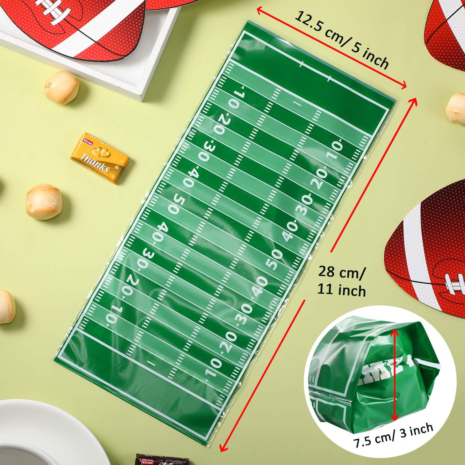 Blulu 100 Pcs Football Goodie Bags Football Cellophane Snack Bags Plastic Heat Sealable Candy Cellophane Treat with Silver Twist Ties Sports Party Favor for Foot Ball Theme Birthday Party Decorations - Image 3