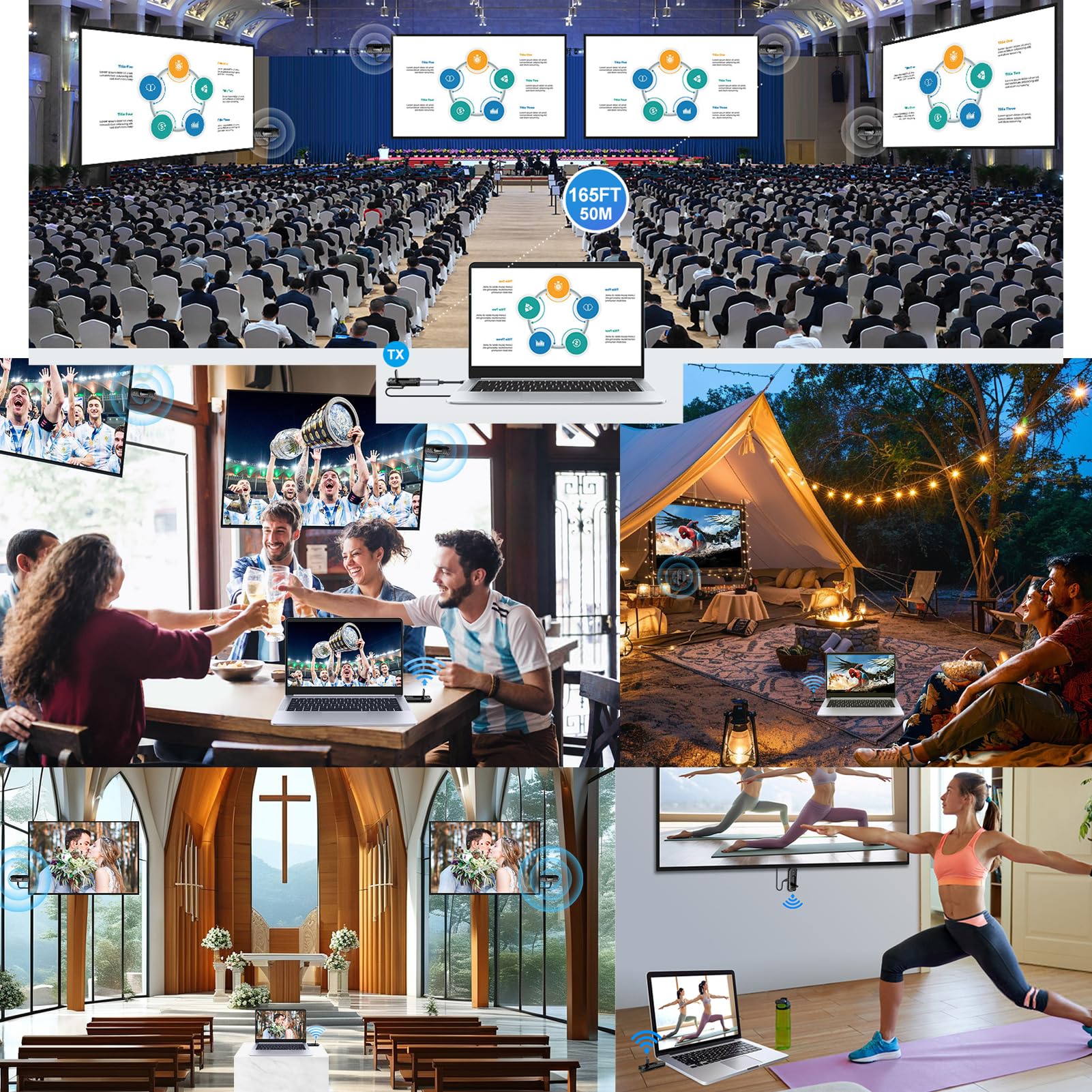 Wireless HDMI PRO- Transmitter and Four Receiver, Portable Multi-TVs Extender Kit, Plug and Play, Heat-Control, 5.8G/2.4G @60Hz 165FT/50M, Stream Video Wirelessly from Laptop to Multiple HDTVs/Monitor