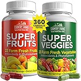 Country Farms Fruits and Vegetables Supplement, 180 Fruit and 180 Veggie Capsules, Greens and Reds Packed with Superfoods, Powerful Antioxidants, 60 Servings