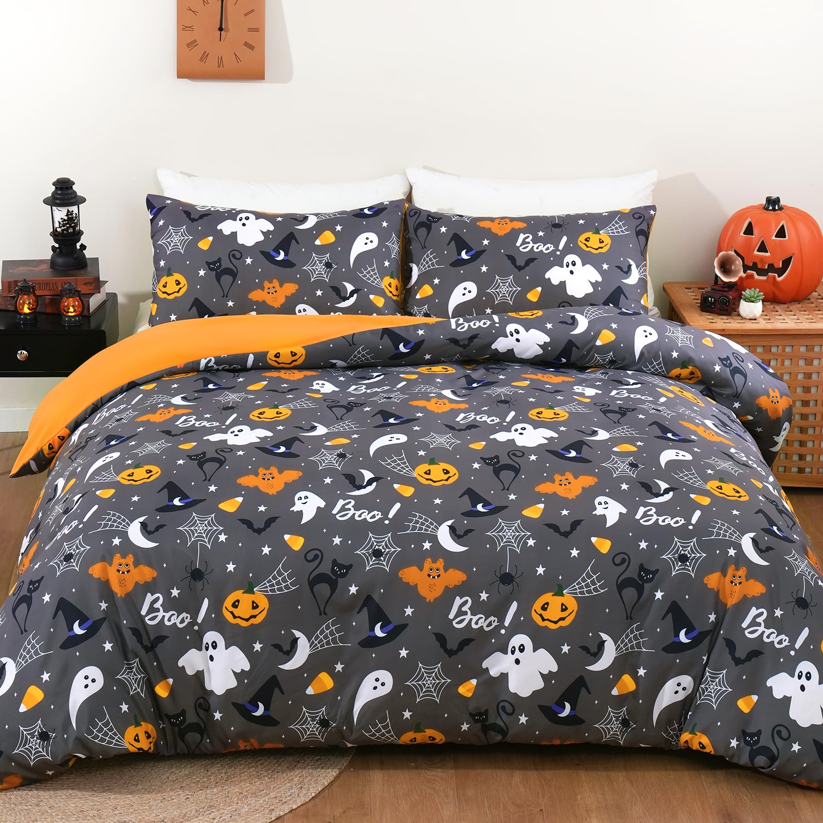 Photo 1 of WONGS BEDDING Halloween Duvet Cover Queen Size, 3 Pieces Bat Pumpkin Duvet Covers Set, Soft Gray Comforter Cover Fall Bedding Set for Thanksgiving Decor, 90" x 90"(Not Comforter)