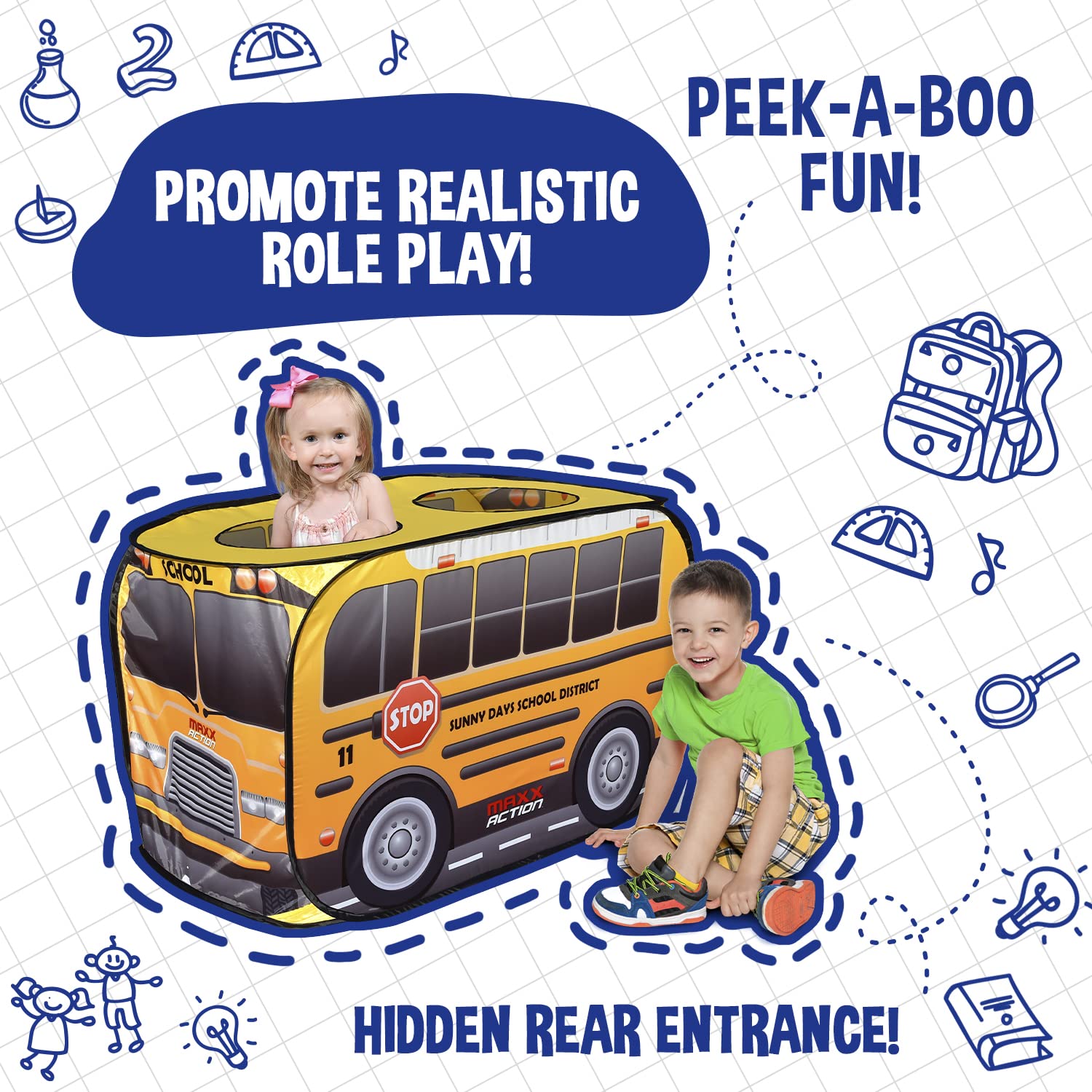 Sunny Days Entertainment Pop Up School Bus – Indoor Playhouse for Kids | Yellow Vehicle Toy Gift for Boys and Girls