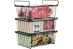 iSPECLE Chest Freezer Organizer Bins - 3 Pack Stackable Deep Freezer Organizer Bins for 5 Cu Ft Freezer Sort Frozen Food, Freezer Organizer Bins Get Food Easily with Handle Add Storage Space, Black