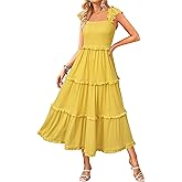 Newshows Women's 2025 Summer Wedding Guest Dress Ruffle Sleeve Smocked Square Neck Long Flowy Tiered Maxi Sundress