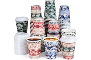 JECTIVS 100Pcs Christmas Coffee Cups with Lids 12 Oz, 5 Style Red Green Blue Ugly Sweater Disposable Cups Snowman Deer Paper Cups Bulk for Hot Cold Drinks Xmas Winter Holiday Birthday Baby Shower Party