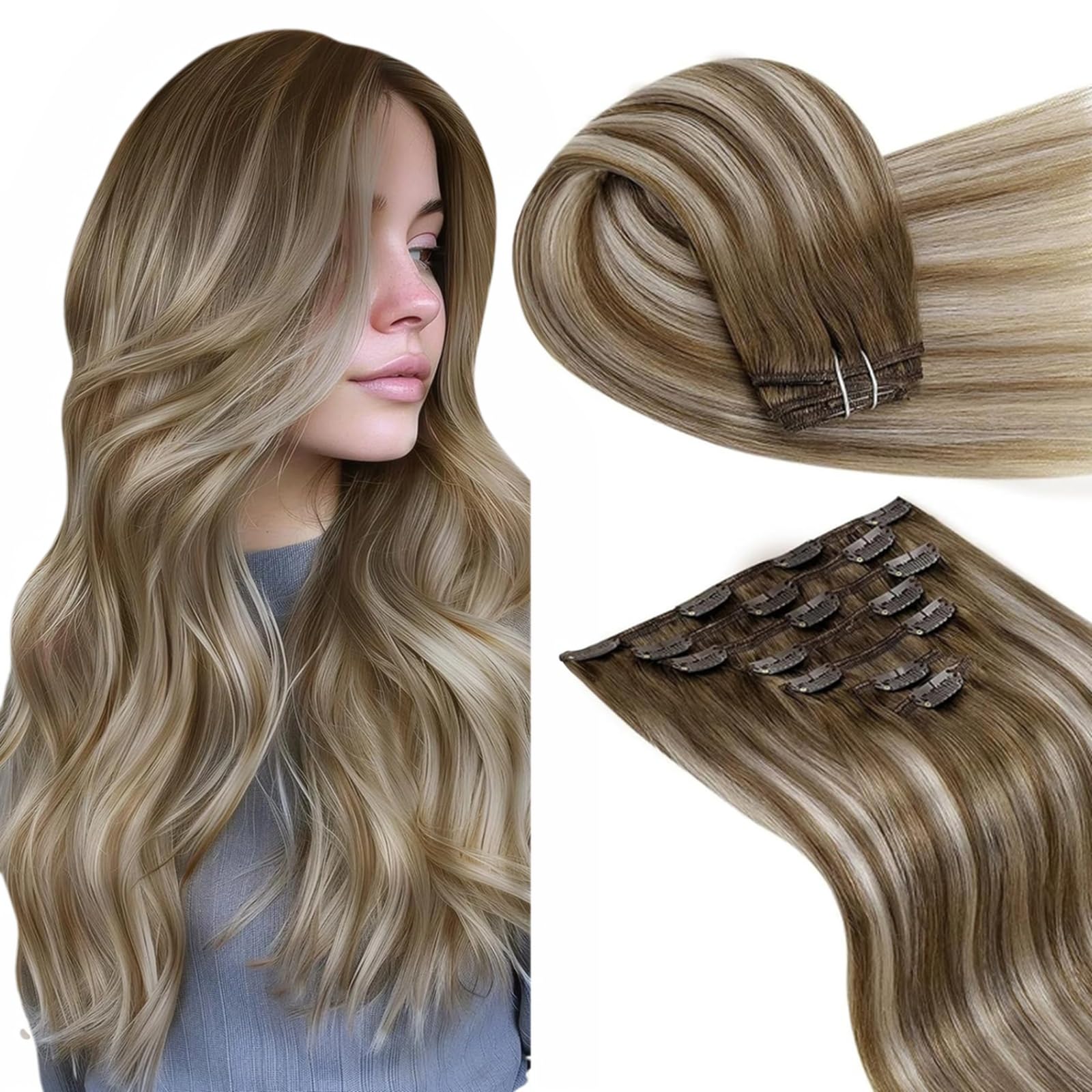 LaaVoo Clip in Hair Extensions Real Human Hair Light Barown Hair Extensions Clip in 16 Inch 120g 7pcs Full Head Straight Balayage Brown to Light Blonde Remy Hair Double Weft #8/60/8