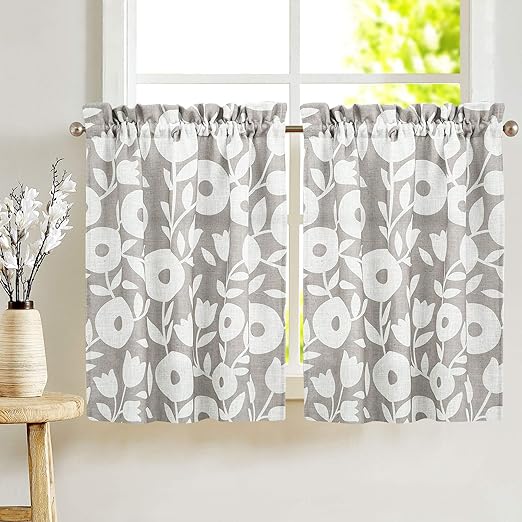 Amazon Com Floral Printed Tiers Kitchen Curtains Linen Look Short Curtains For Bathroom Rod Pocket Rustic Window Treatments 2 Panels 36 Inch Grey And White Kitchen Dining