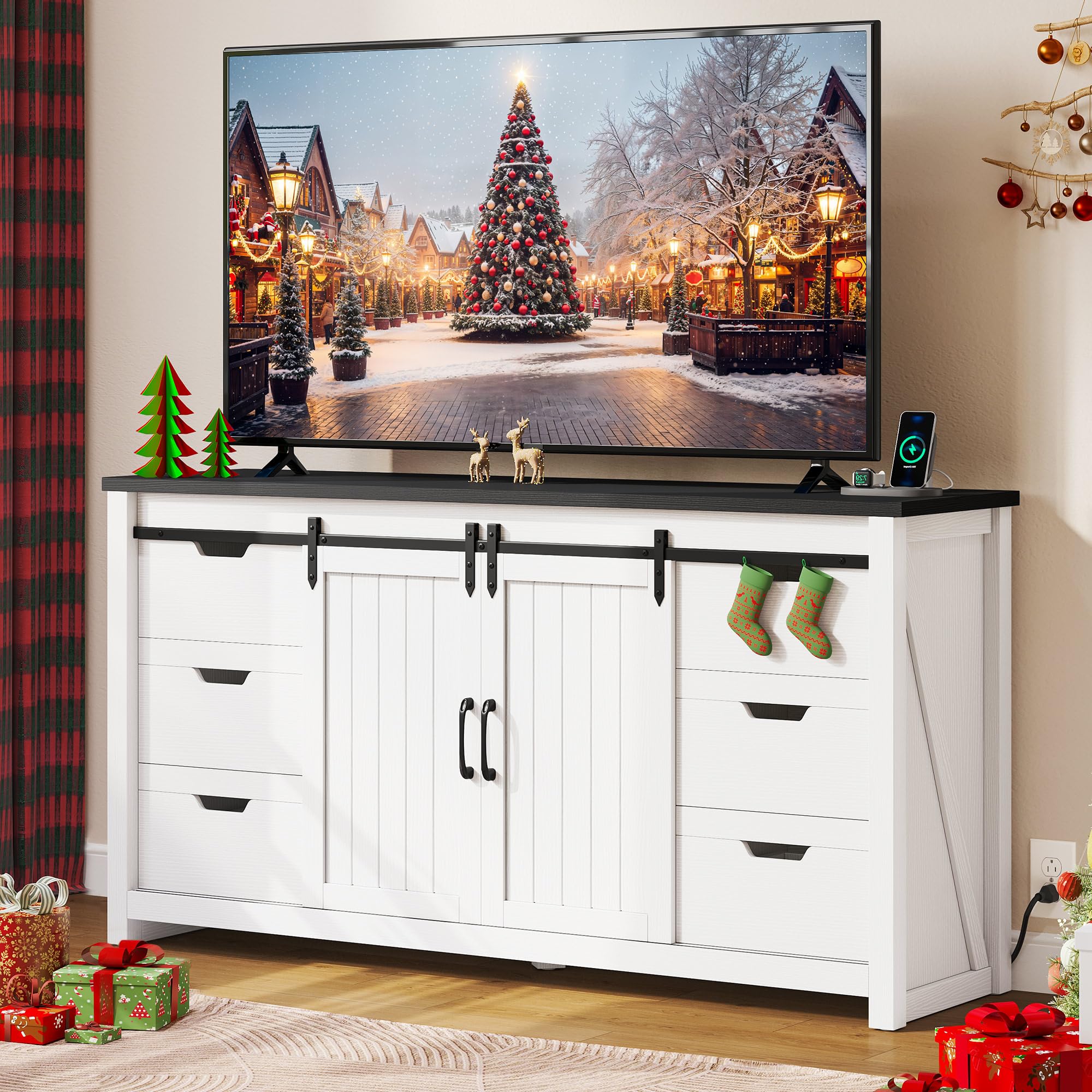 Photo 1 of [SOLD FOR PARTS] YITAHOME Farmhouse TV Stand for 65/55 Inch TV with Power Outlets & 6 Drawers, Entertainment Center with Sliding Barn Door and Adjustable Shelf, TV Media Console Storage Cabinet for Living Room, White