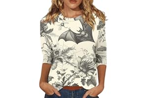 UJAKEL Women Halloween Shirt 3/4 Sleeves Halloween Pumpkin/Bat/Spiderweb Prints Loose Casual T-Shirts Round Neck Blouses Tops