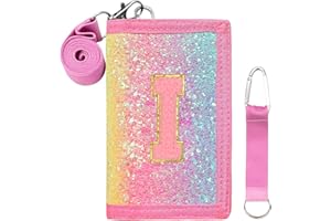 SiorVeol Girls Wallet for Kids Initial Glitter Wallets Trifold with Zipper and Card Slots Including Neck Lanyard and Hanging Strap, Vertical Rainbow, I