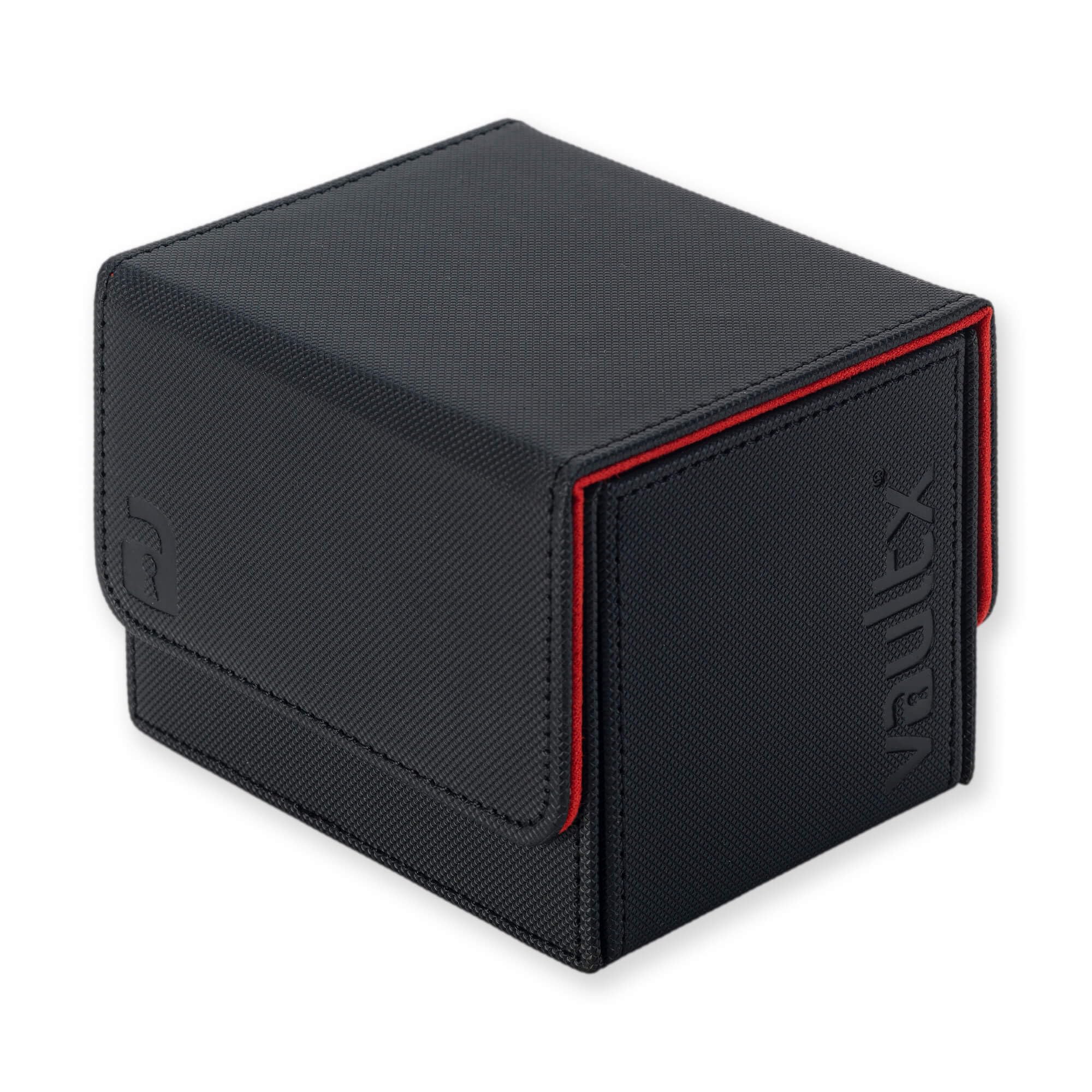 Vault X Trading Card Sideloading Deck Box, 100+ sleeved cards, Premium Exo-Tec Material, Card Holder Storage Box, Detachable Magnetic Lid, for MTG Commander Game, TCG (Black/Red)