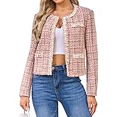 Xaspee Women's Tweed Blazers Cropped Long Sleeve Crewneck Open Front Lace Trim Lightweight Plaid Work Blazer Jackets