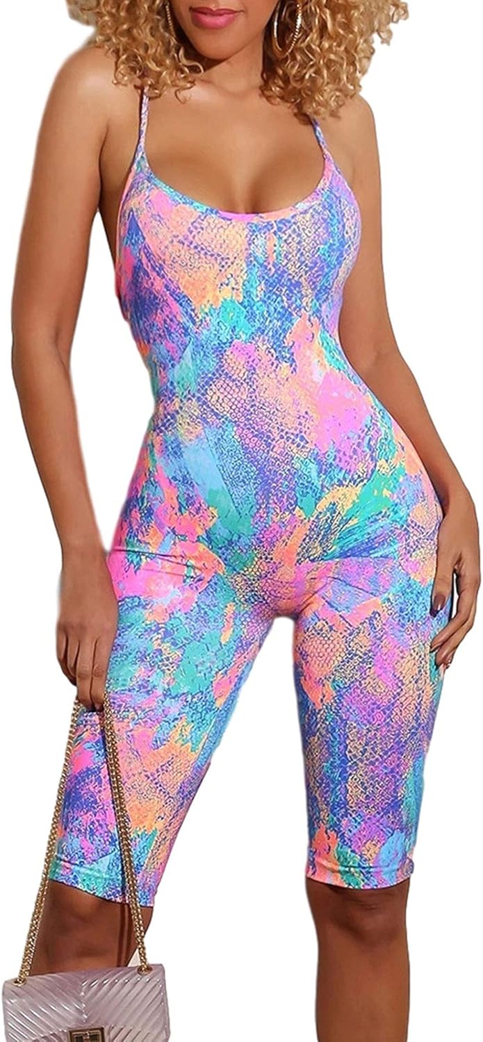 Women Tie Dye Lace Up Jumpsuit V Neck Elasitic Waist Short Backless Halter Sports Jumpsuit