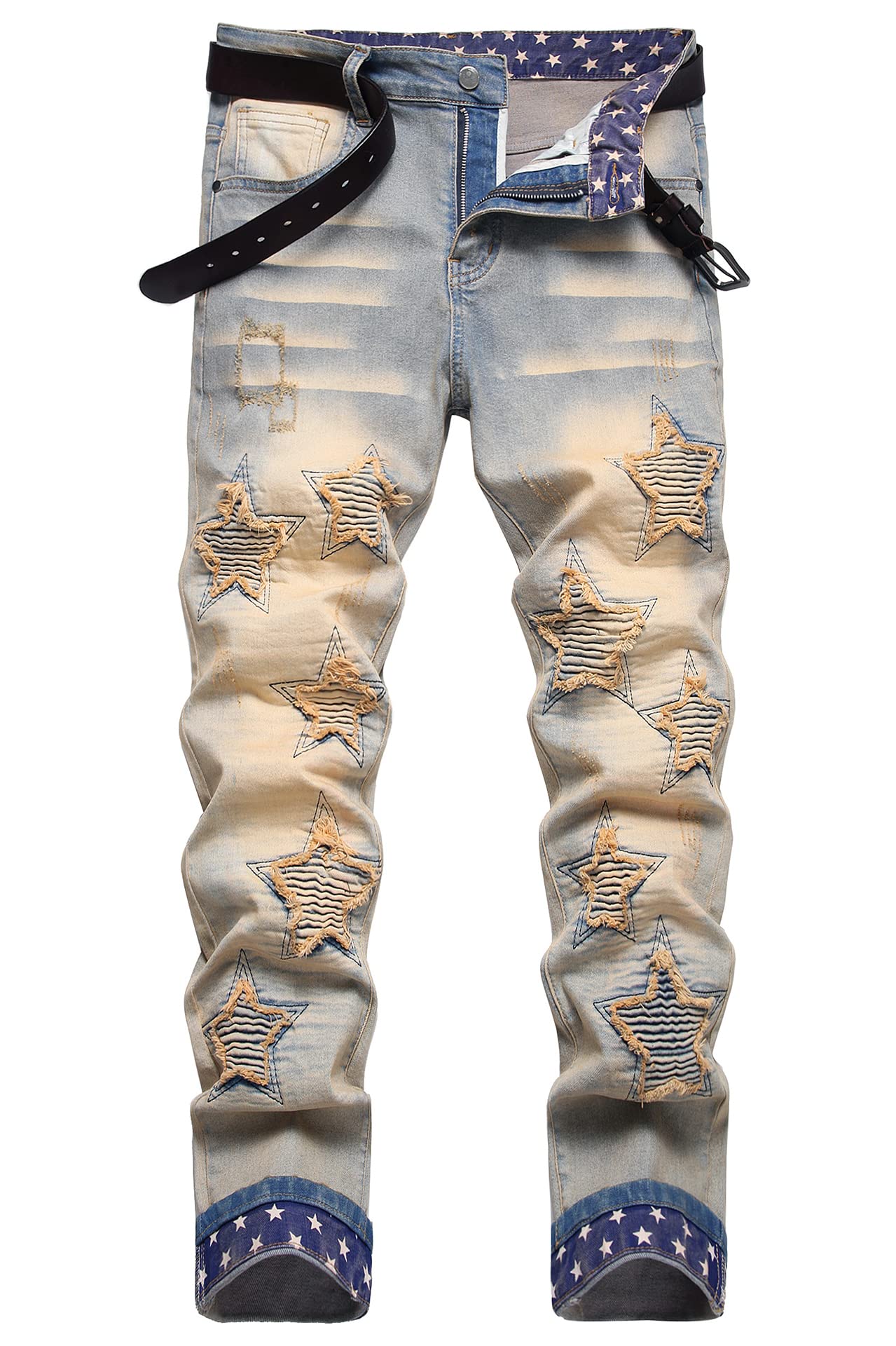 Baylvn Men's Designer Straight Slim Fit Patchwork Jeans Comfort Skinny Biker Denim Pants