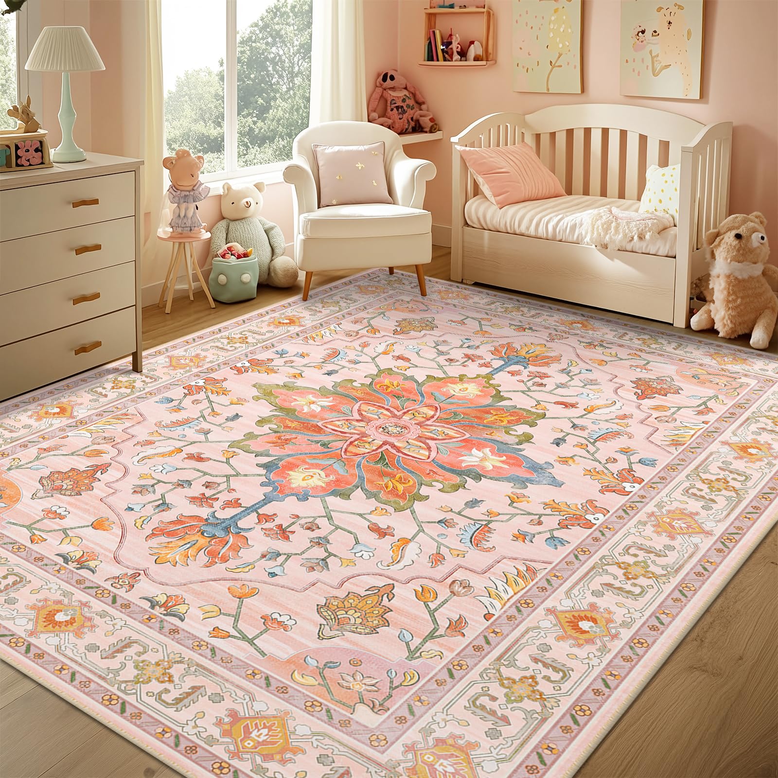 RELEANY Area Rugs 5'x7' Washable Non-Slip, Floral Vintage Distress Print Pattern Medallion Carpet for Living Room Bedroom Dining Room, Light Pink Colorful Image