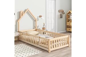 DEINPPA Twin Kids Bed, Wooden Floor Bed with House Shaped Headboard, House Bed Frame with Door Design for Toddler Children Boys Girls-Natural