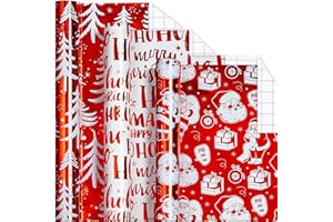 Yarcony Christmas Wrapping Paper Rolls, Red Gift Wrapping Paper - 17In x 120In Per Roll (3 Rolls) - Metallic Foil Classic Santa, Christmas Tree, HOHO Design Red Gift Wrap for Winter Holiday Presents