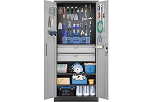 Yizosh Metal Garage Storage Cabinet with Locking Doors and 2 Drawers, Heavy Duty Steel Tool Cabinet with Pegboard, 71" - Lockable Cabinets for Garage, Warehouse, Basement (Black Gray)