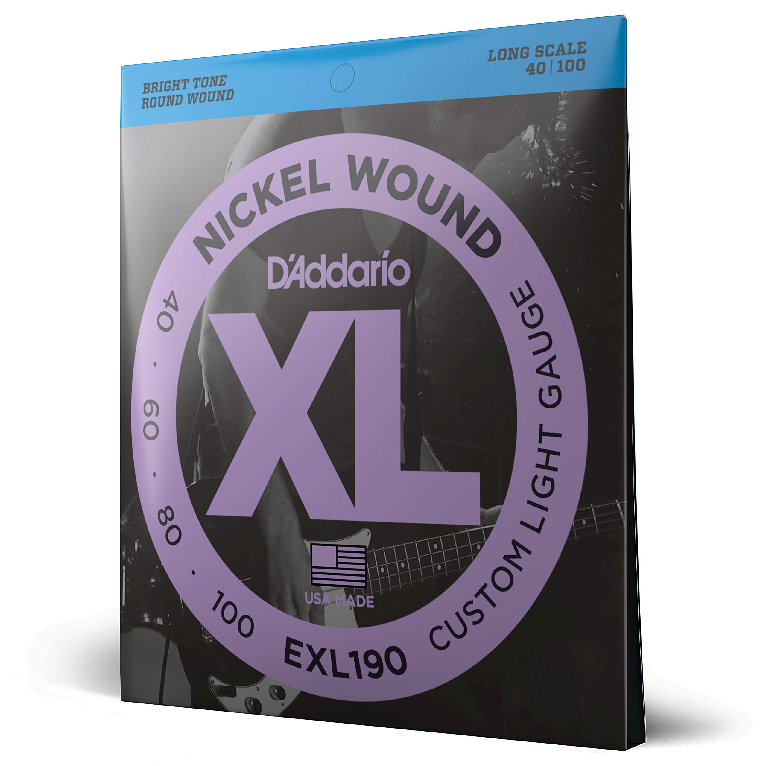 D'Addario Bass Guitar Strings - XL Nickel - EXL190 - Perfect Intonation, Consistent Feel, Powerful Durability - 4 String Set - 40-100 Custom Light, Long Scale