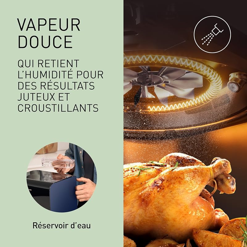 NF-CC600AXE AirFryer Friteuse sans huile avec Hublot, 5L, 80-200°C, Minuterie Numérique et Écran LCD, Vapeur Douce, 11 Préréglages, Nettoyage Facile, Noir/Bleu Foncé et Poignée Or Rose