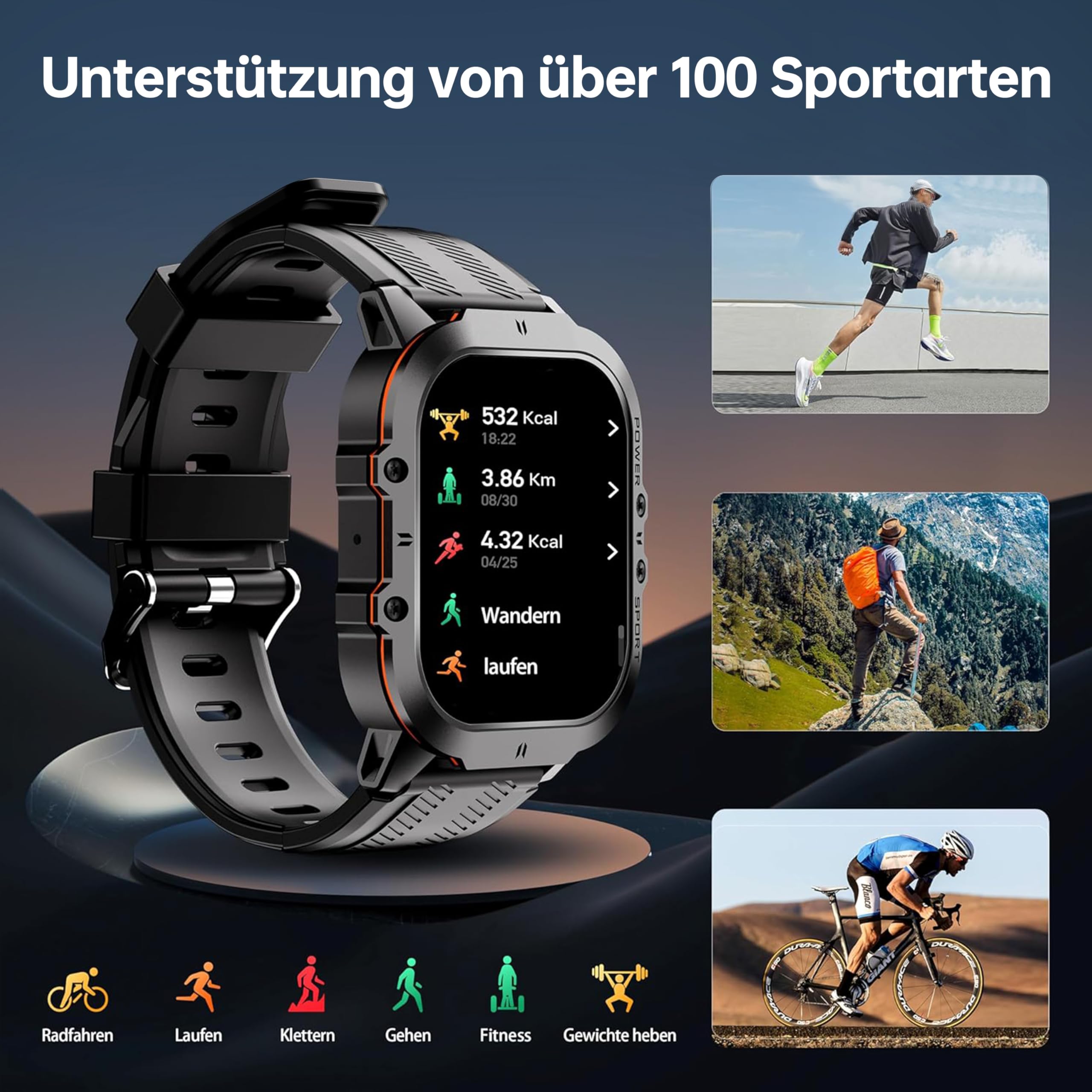 OUKITEL BT20 Smartwatch Herren Militär Wasserdicht 5ATM, Sportuhren Fitnessuhr Herren mit Telefonfunktion, AMOLED Touchscreen 120+Sportmodi mit Pulsmesser Schlafmonitor Schrittzähler für iOS/Android
