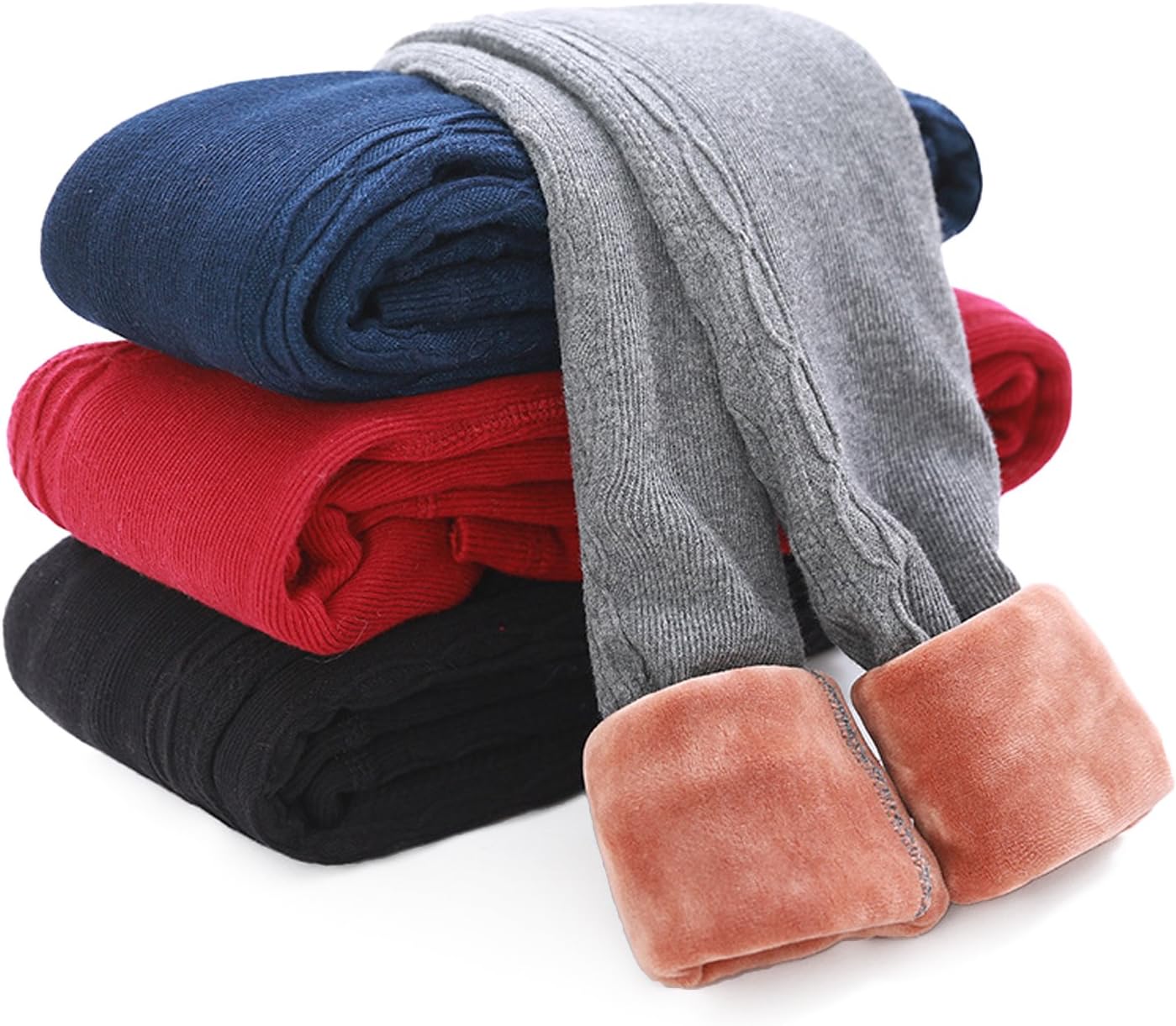 DCOIKO Girls Pants Velvet Skinny Warm Thick Leggings Fleece Lined Elastic Waist Knitting Trousers