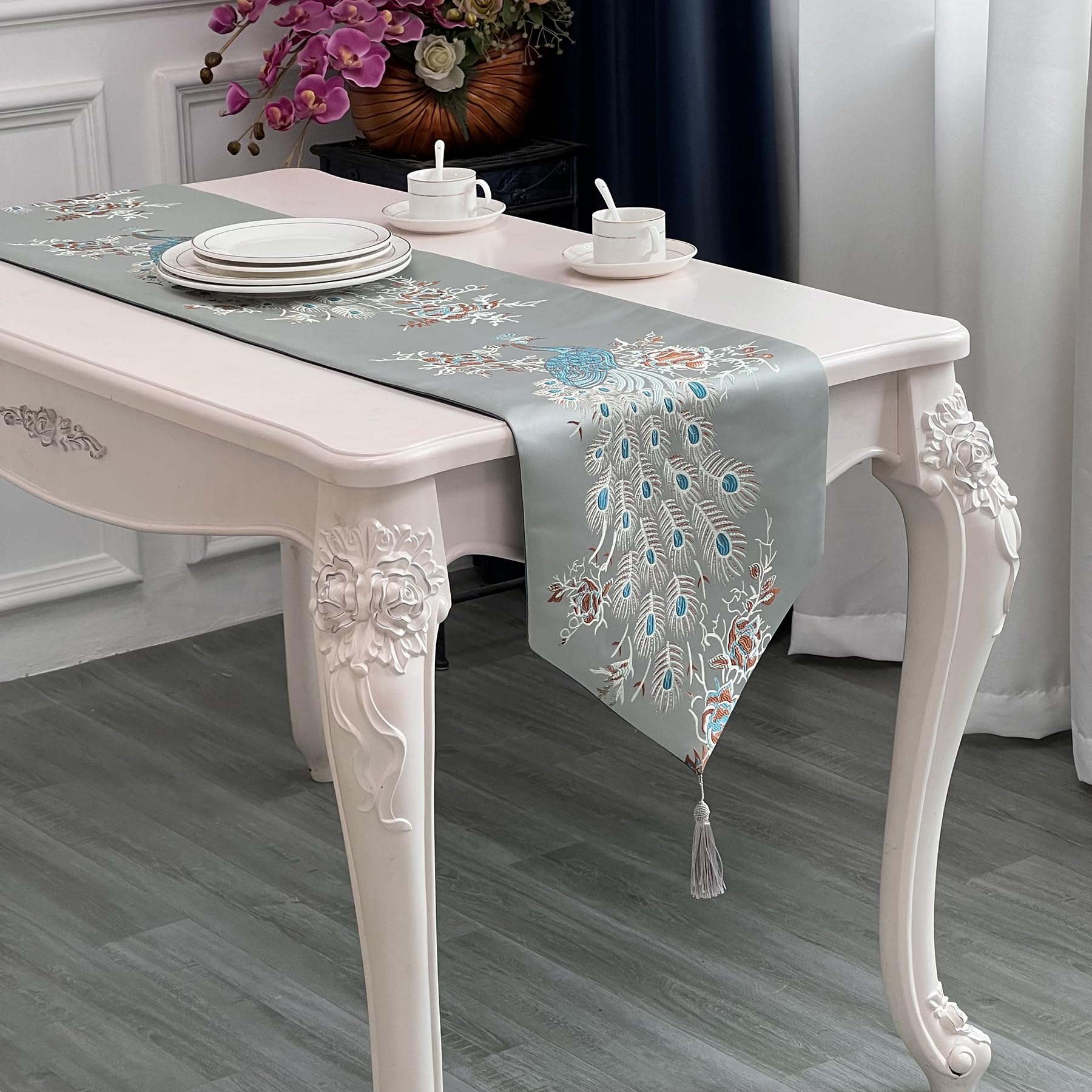 MAGILONA Home Tablecover Decorative Luxurious Cotton Linen Embroidered Floral Pattern Table Runner with Tassel Dining Party 13x83 In (Blue)