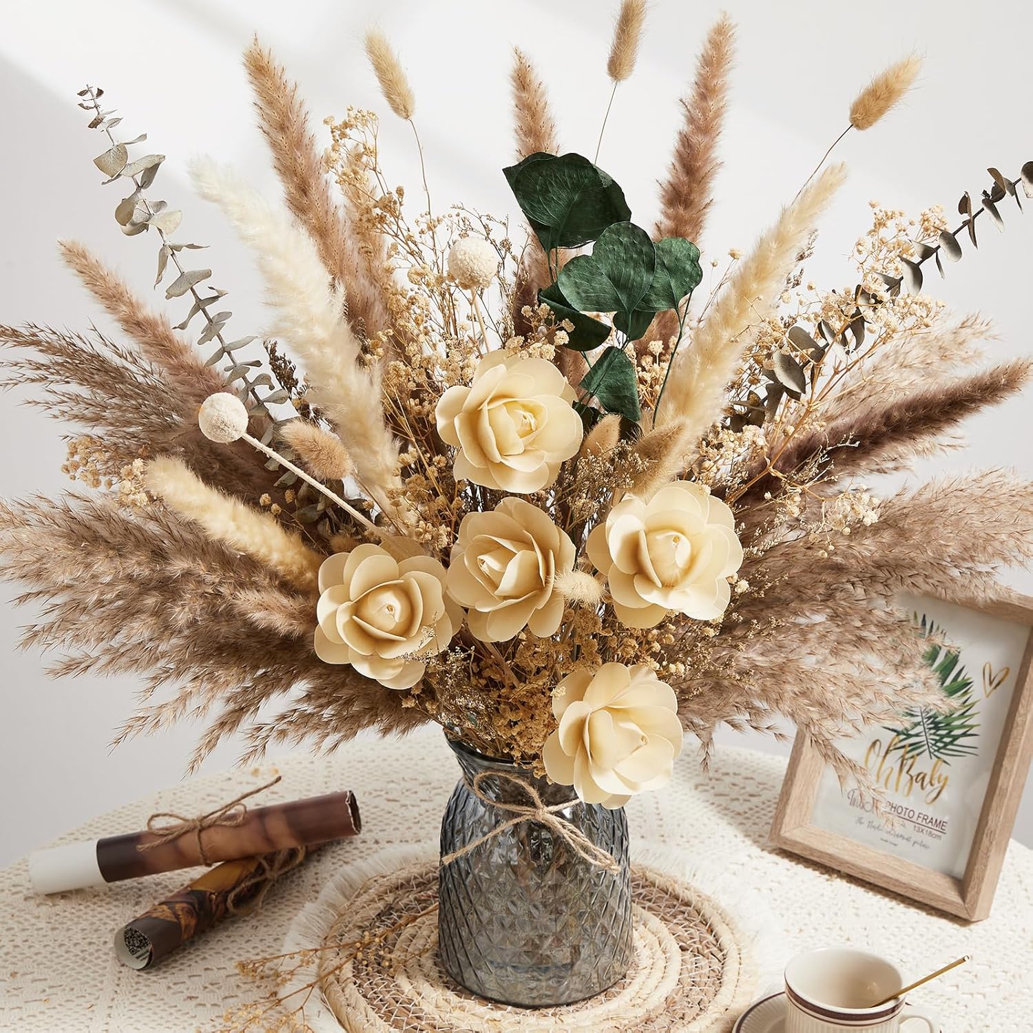 Dried & Preserved Flora - Serwalin Dried Flowers with Vase Included, Natural Pampas Grass and Faux Flowers in Vase Artificial Flower Arrangements with Vase Boho Dining Table Centerpiece Coffee Table Home Decor