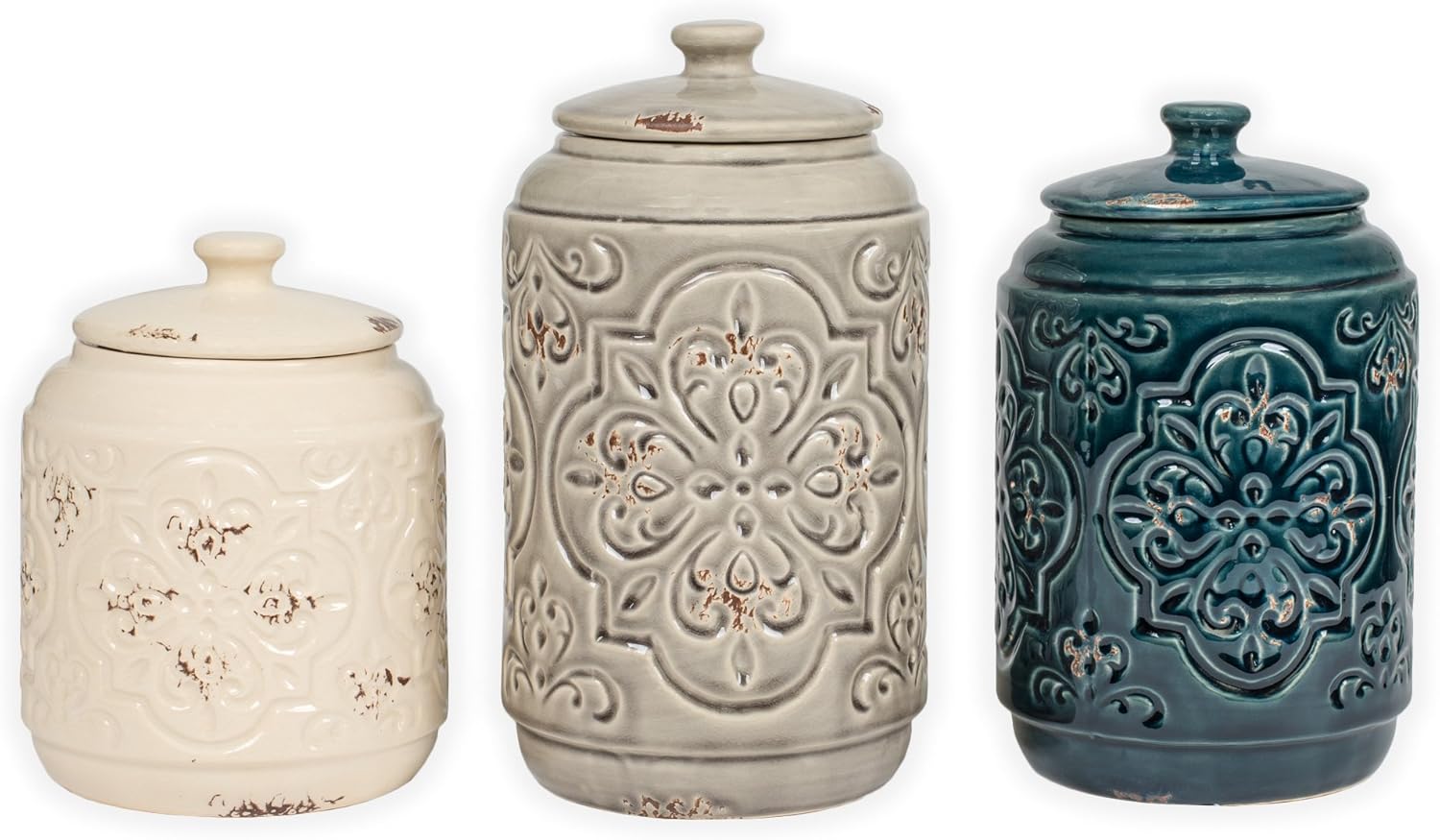 Drew Derose Ceramic Distressed Quilt Pattern Blue Grey