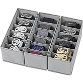 Coorganisers 3 Packs Fabric Belt Organizer for Closet and Drawer, Foldable 6 Grids Dresser Drawer Organizers, Belt Tie Holder, Tie Box-Grey