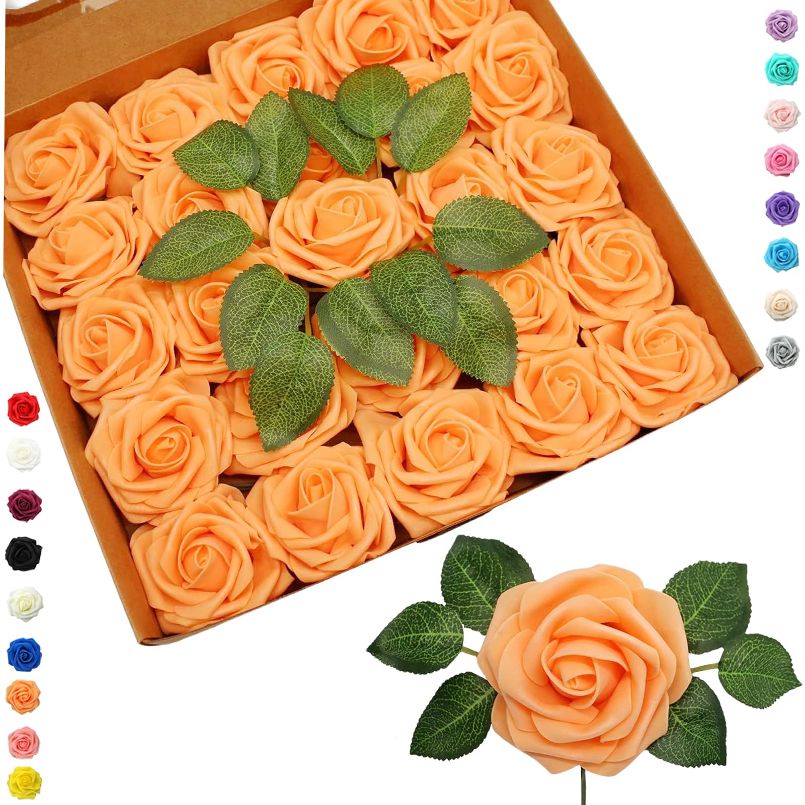 25pcs Faux Orange Roses Artificial Flowers - Real Touch Foam Roses Fake Flowers Bulk with Stem for Wedding Decor, Bridal Shower Crafts, Baby Shower, Valentines Day Decorations