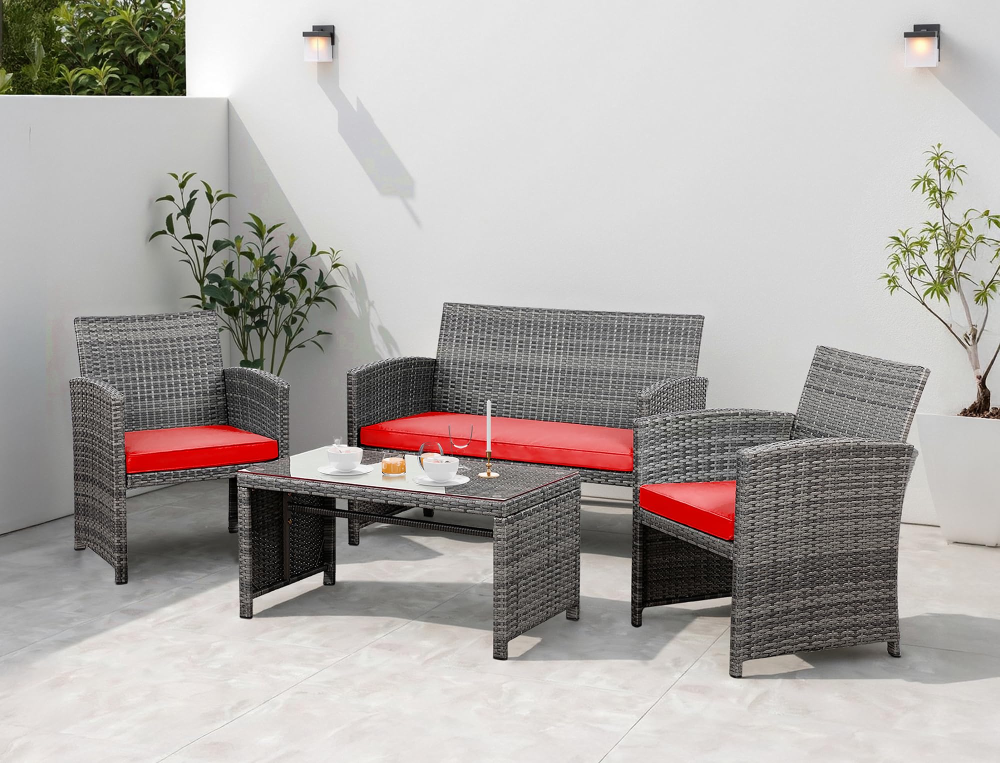 Photo 1 of **SCRATCH**Shintenchi 4 Piece Patio Ratten Set Outdoor Furniture Set Wicker Conversation Set with Cushions and Tempered Glass Tabletop,Red