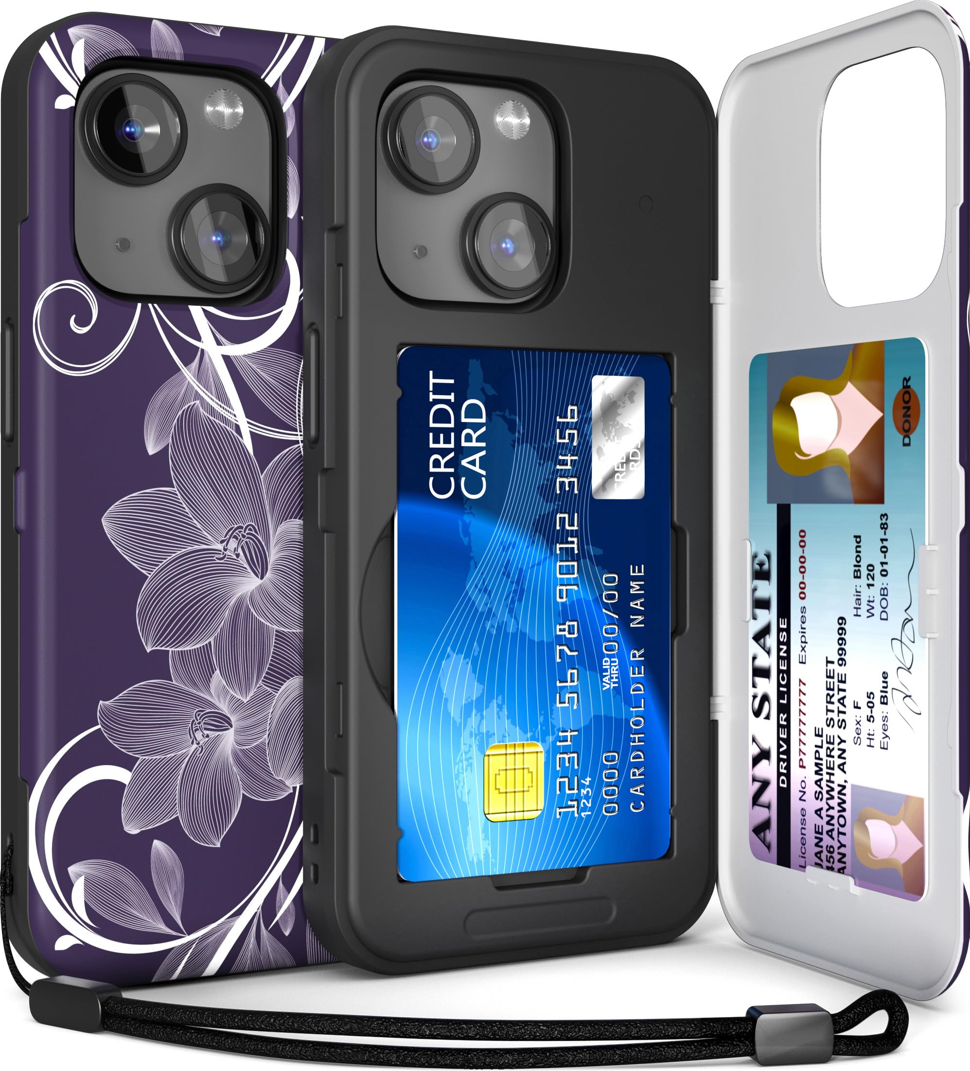 TORU for iPhone 15 Wallet Case with Card Holder, Hidden ID Credit Card Slot Flip Kickstand, Slim Fit Shockproof Heavy Duty Phone Cover with Strap - Floral Pattern Flowers — image 1