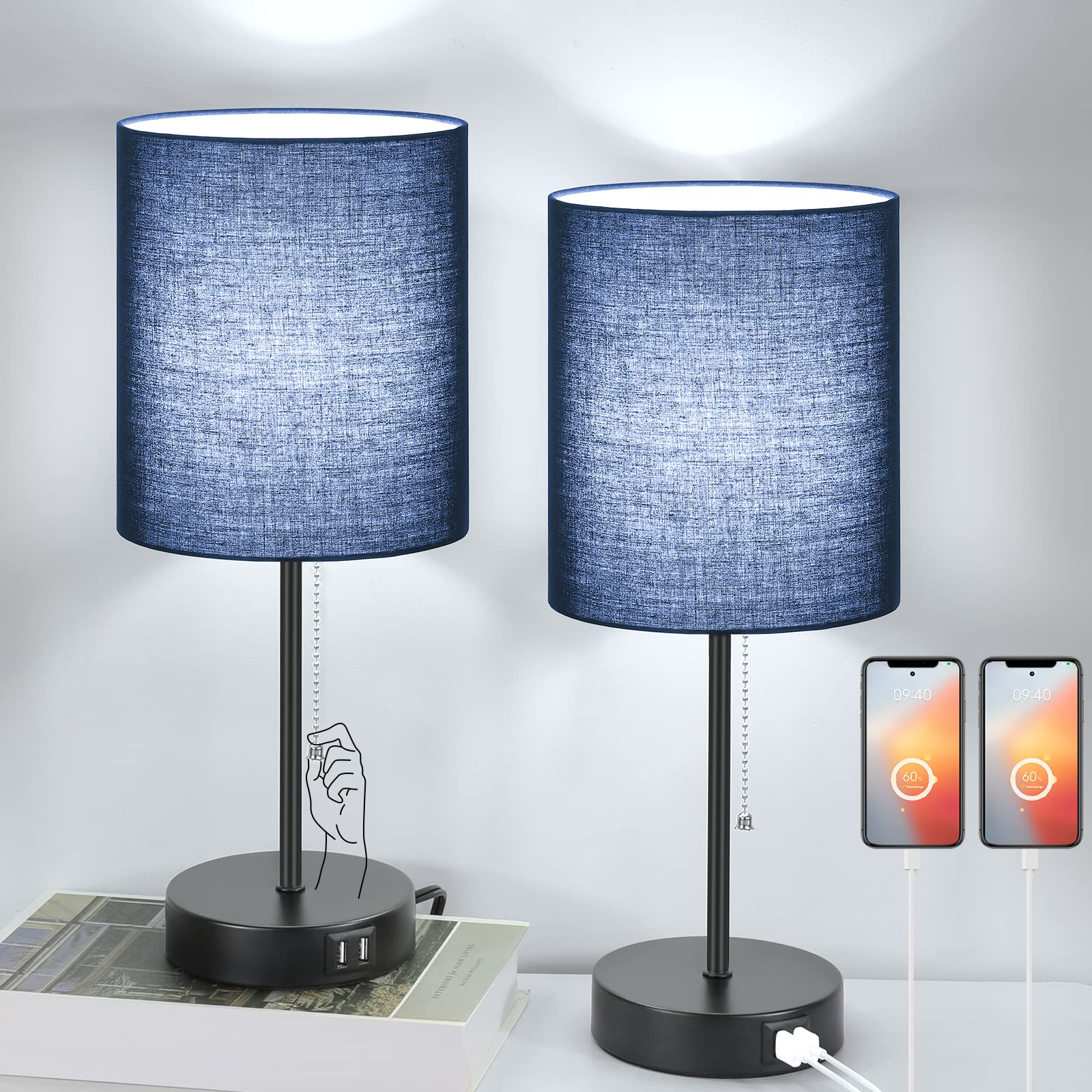 Photo 1 of Table Lamps Set of 2 with USB Charging Ports, Blue Bedside Lamps with AC Outlet, Nightstand Lamps with Pull Chain Switch, Minimalist Modern Desk Lamps with Fabric Shade for Living Room Bedroom Office