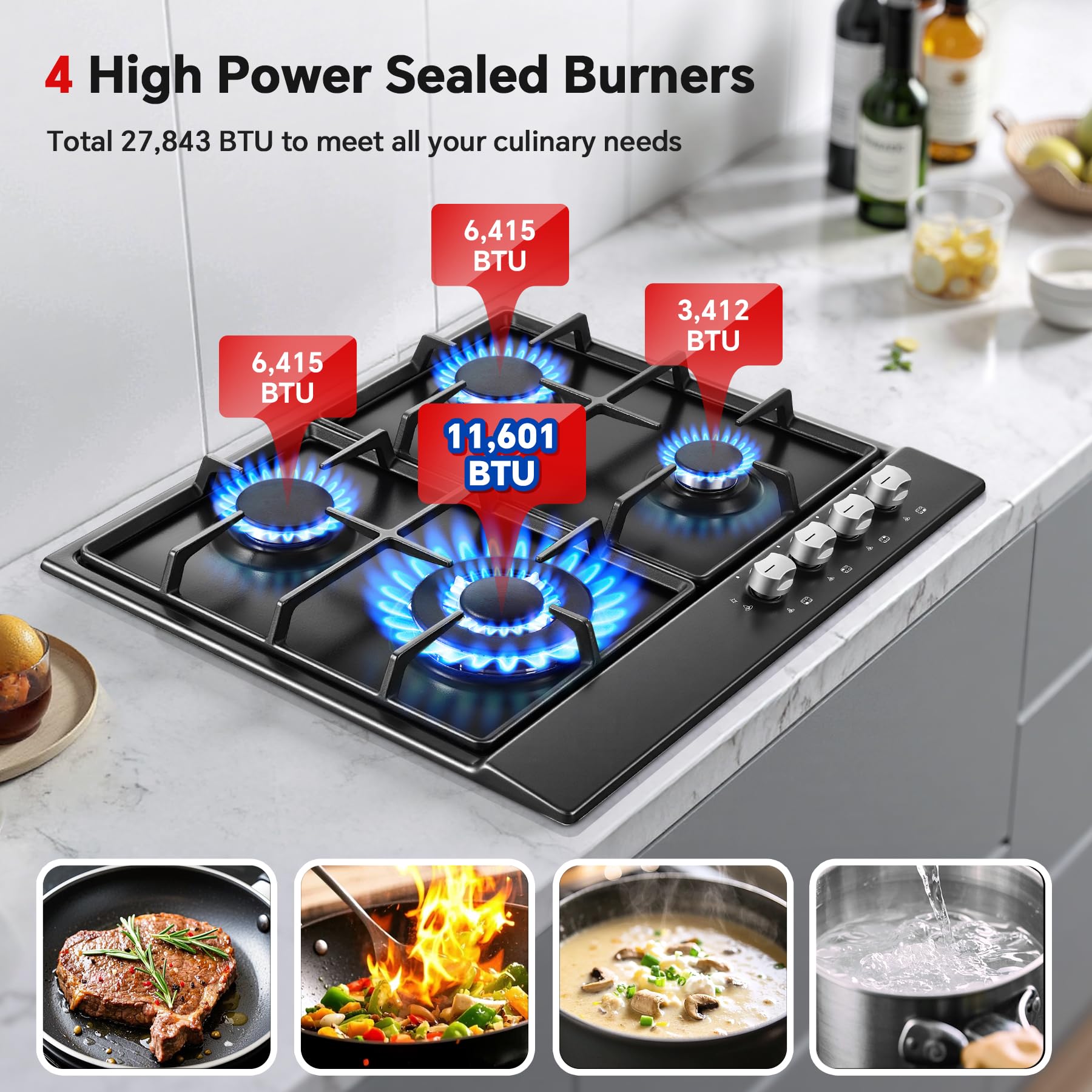Gas Stove Top 24 inch Eascookchef, 24 inch Gas Cooktop 4 Burner, Bulit-in Stove Top NG/LPG Convertible, Upgrade Black Enamel Propane Cooktop with Thermocouple Protection
