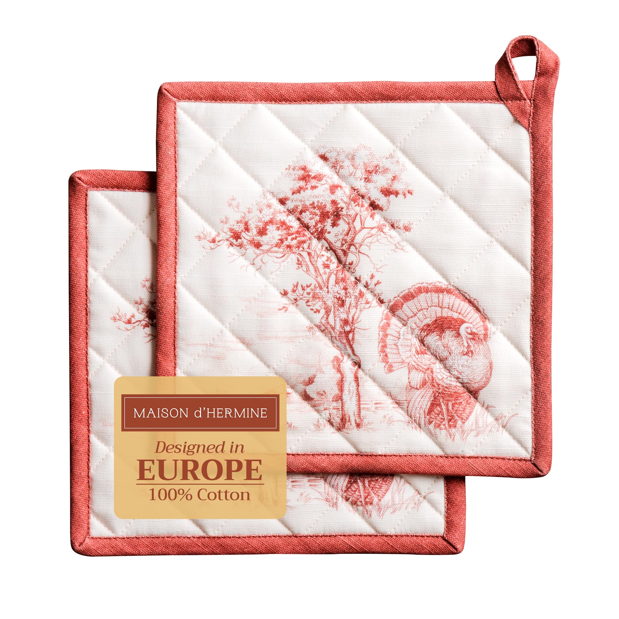 Maison d' Hermine Pot Holders Set 100% Cotton Heat Resistant Potholders 20 cm x 20 cm Hot Pads with Loop for Christmas Decorations BBQ Cooking Baking Handling Hot Pans (Pack of 2, Holy Jouy - Red)