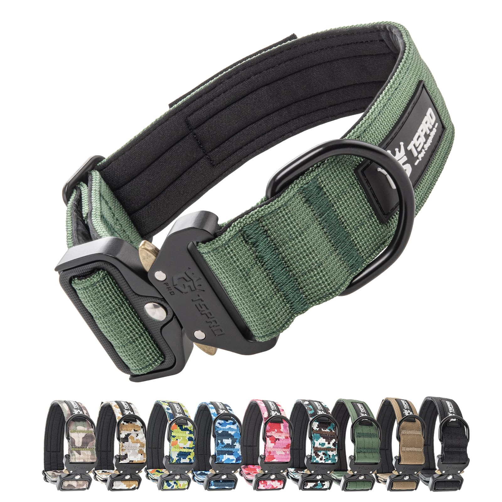 TSPRO Tactical Premium Dog Collar with Patch & Heavy Duty Quick Release Metal Buckle, Adjustable Thick Strong Collar for Medium Large Dogs (Green, M) — image 1