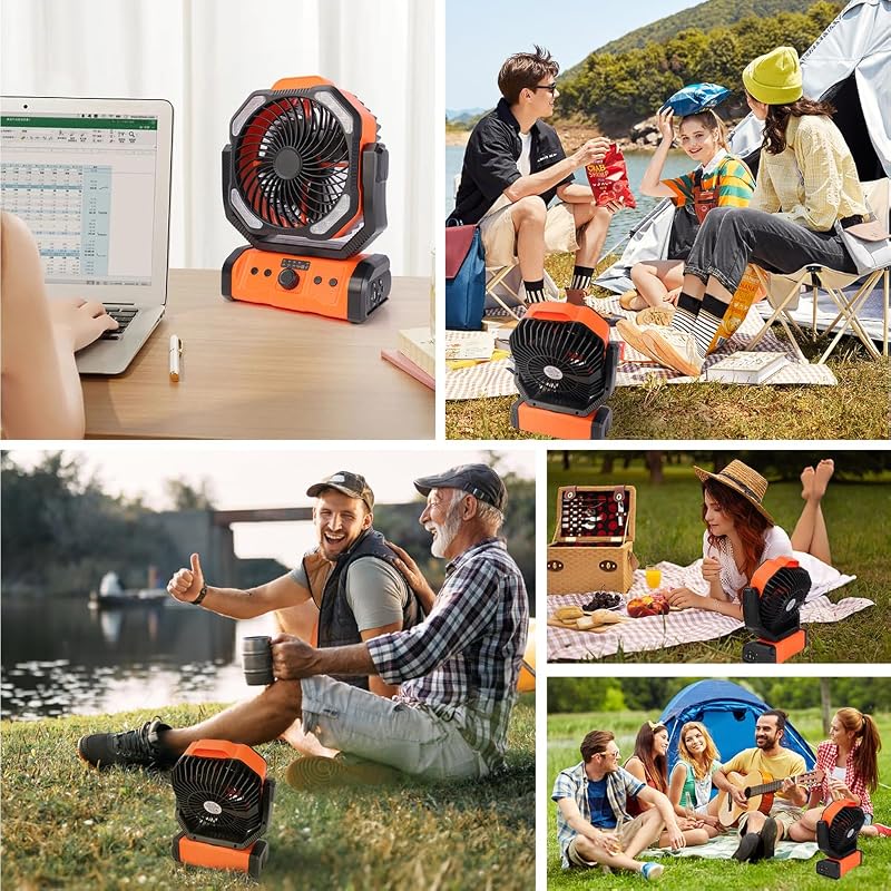 20000mAh Camping Ventilator, Wiederaufladbarer Tischventilator USB Ventilator mit LED Licht & Haken, 270° Drehung mit Fernbedienung, Clip Fan für Outdoor Camping Stromausfall Angeln (Orange)