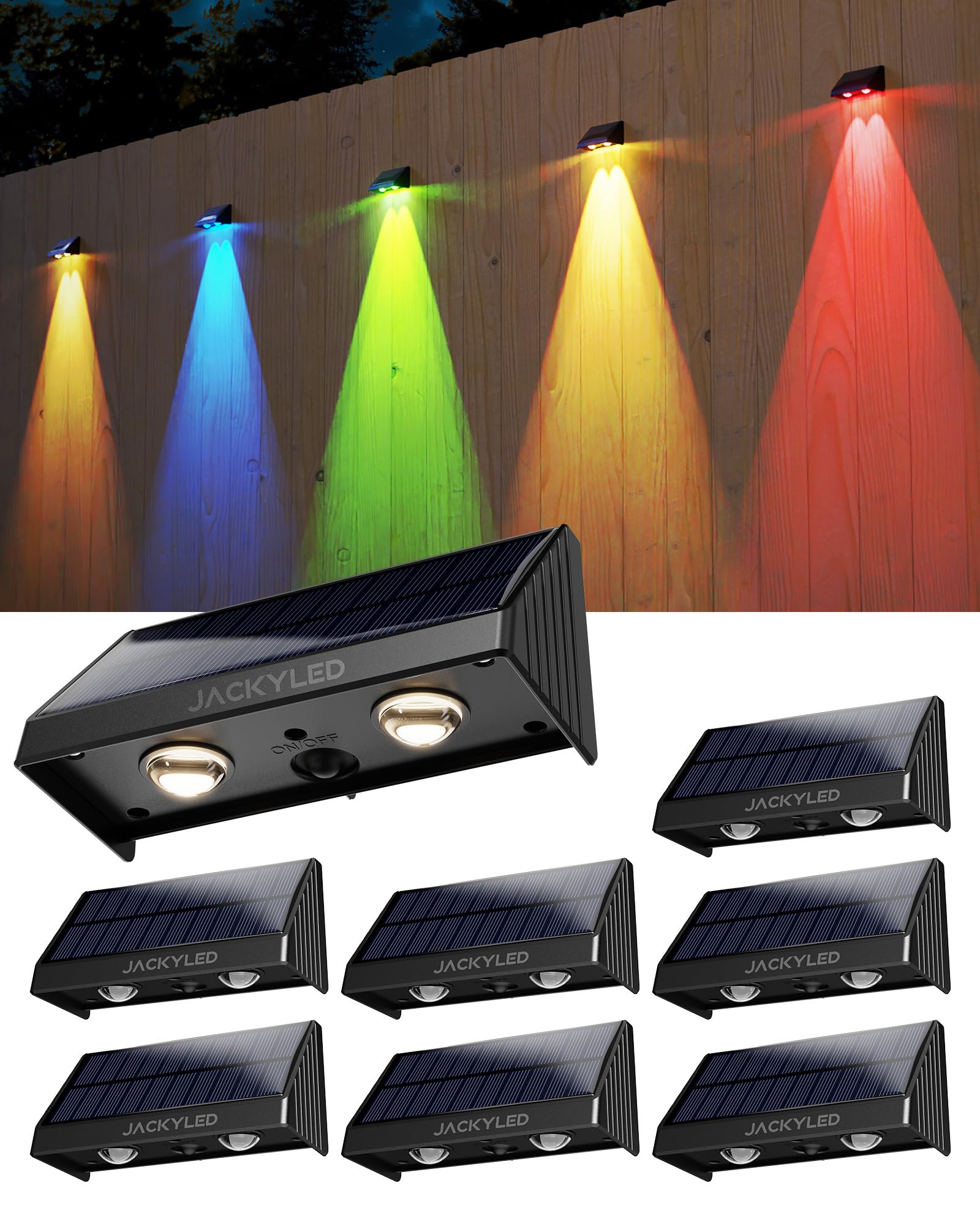 JACKYLED Solar Lights for Outside, RGB & Warm White Fence Lights Solar