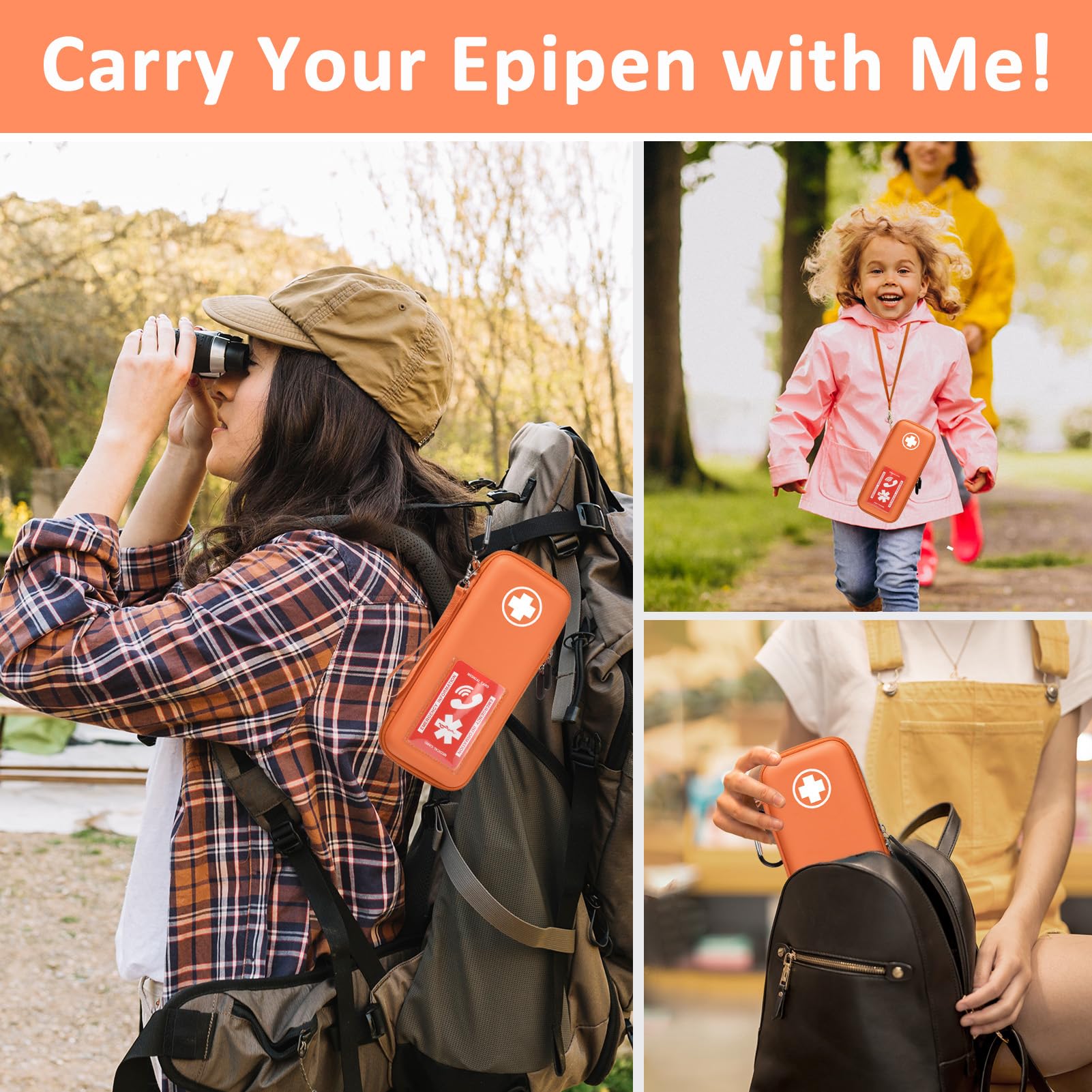 EpiPen Carry Case, Hard Emergency Medical Bag with Carabiner-for 2 EpiPens, Asthma Inhaler, Auvi-Q,Eye Drops,Anti-Histamine,Allergy Medication,Diabetes Travel Case for Adults (Large Size)