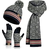 Womens Winter Beanie Hat Long Scarf and Touchscreen Gloves 3Pieces Fleece Lined Skull Caps with Pompom Neck Scarves Set