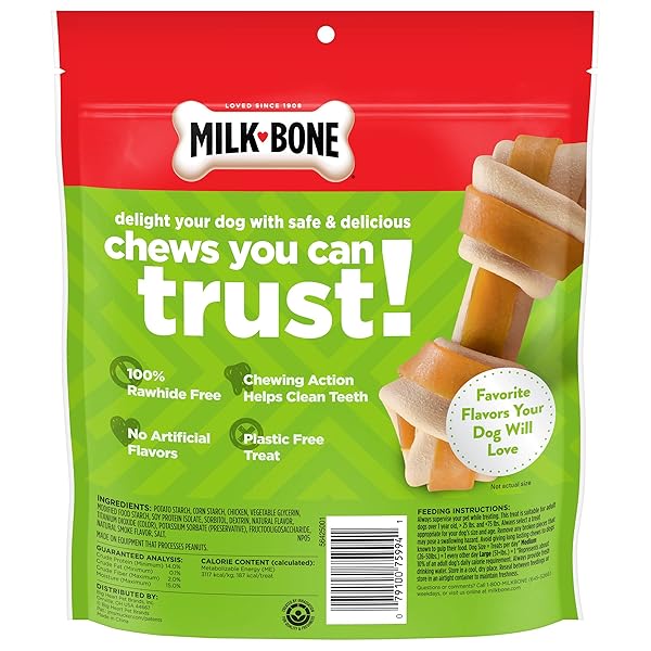 MILK-BONE CHEWS GNAWBONES RAWHIDE FREE DOG TREATS, CHICKEN, 5 LONG LASTING SMALL/MEDIUM KNOTTED BONES